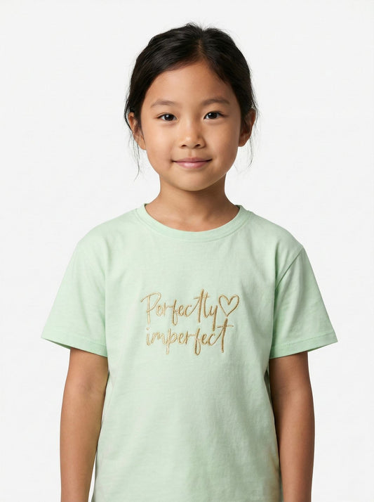 LC WAIKIKI Girls Pistachio Green Textured Embroided Text Tee