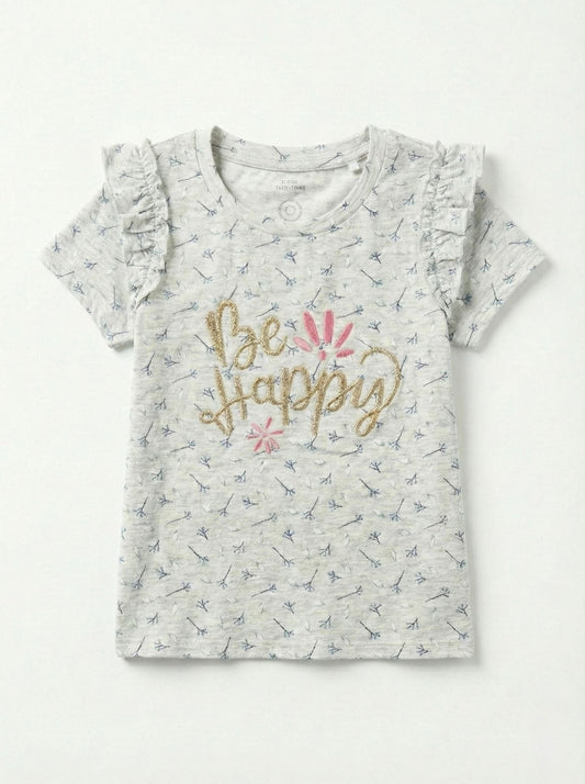 NAME IT Girls Floral Embroided Text Printed Tee