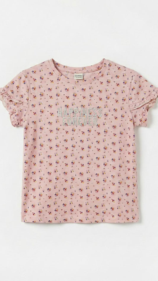 LC WAIKIKI Girls Floral Embroided Text Tee