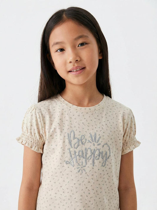 LC WAIKIKI Girls Floral Embroided Text Tee
