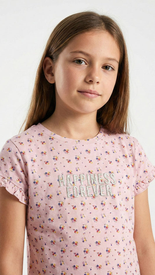 LC WAIKIKI Girls Floral Embroided Text Tee