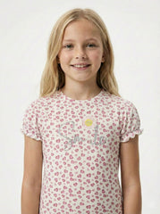 LC WAIKIKI Girls Pink Hearts Printed Embroided Text Tee