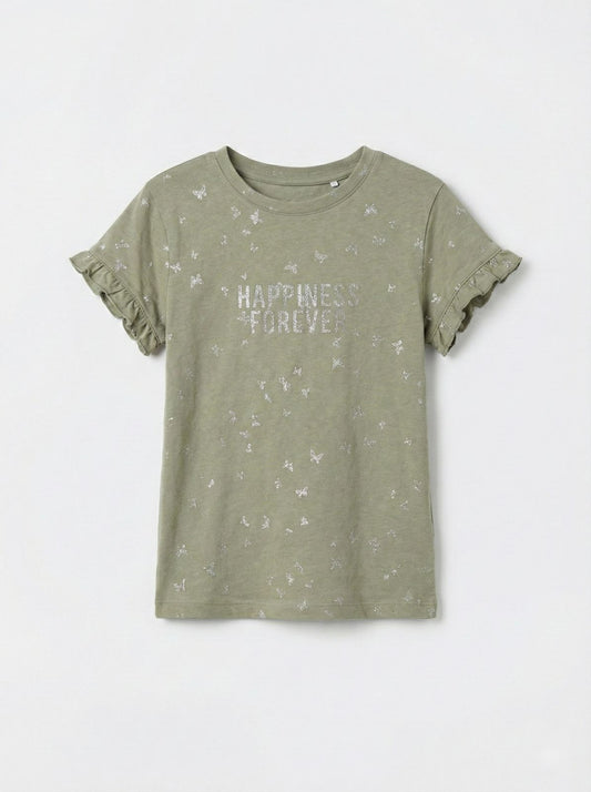 LC WAIKIKI Girls Glittery Printed Embroided Text Tee