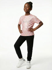 M&S Trendy Girls' Pink Crop Top "HAPPY" Tee with Shimmer & Patterned Texture