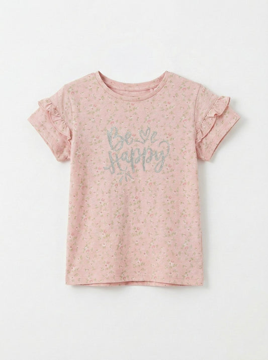 LC WAIKIKI Girls Pink Floral Embroided Text Tee