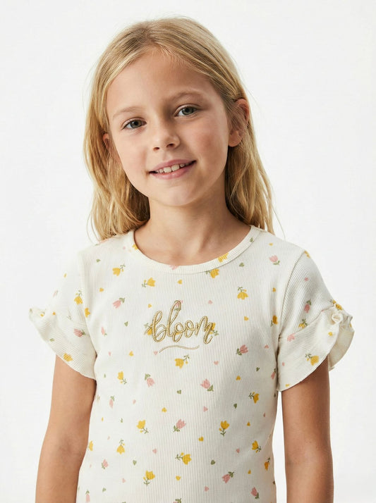 NAME IT Girls White Textured Floral Text Tee