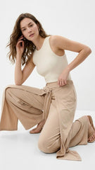 OYSHO Womens Tie Waist Layered Wide Leg Trouser