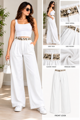 Women’s Imported White Wide Leg Trousers with Floral Waist Detail