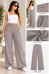 Women’s Imported Premium Linen Wide Leg Trousers – Grey Taupe Elastic Waist