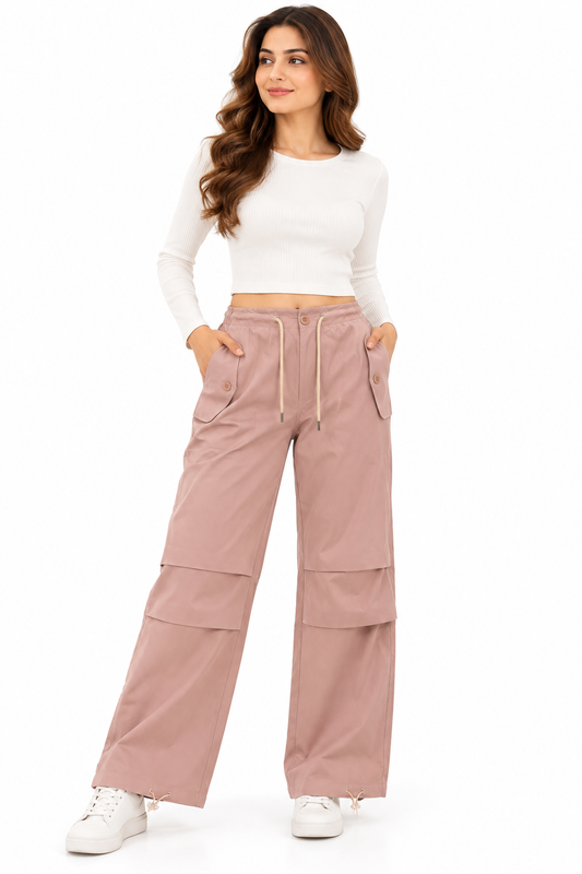Women’s Imported Dusty Pink Wide Leg Drawstring Cargo Trousers