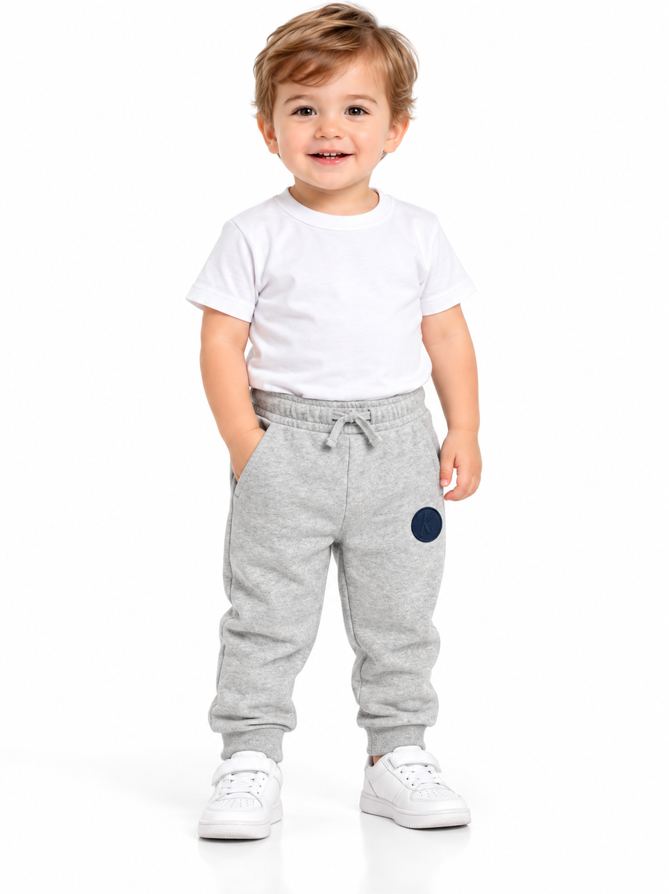 Boys Light Grey Heather Jogger Pants with Drawstring Waist and Logo Patch