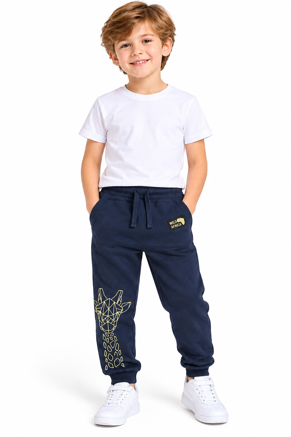 Boys Navy Blue Jogger Pants with Geometric Giraffe Graphic and Drawstring Waist