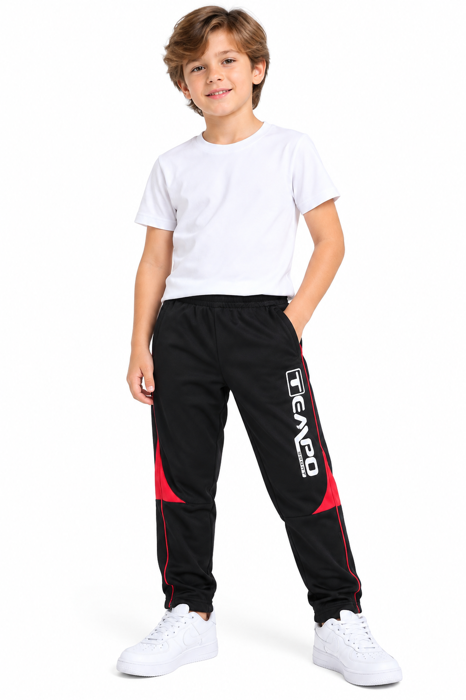 Boys Black and Red Sport Jogger Pants with Lettering and Zipper Hems