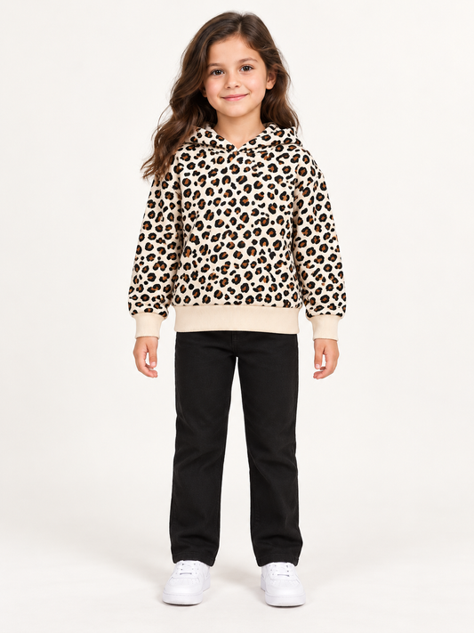 MONOPRIX Girls' Leopard Print Pullover Hoodie with Ribbed Trim