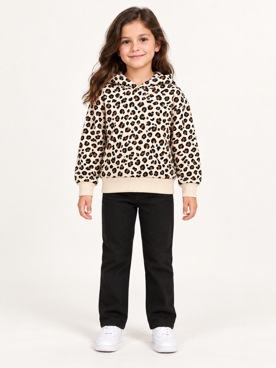 MONOPRIX Girls' Leopard Print Pullover Hoodie with Ribbed Trim