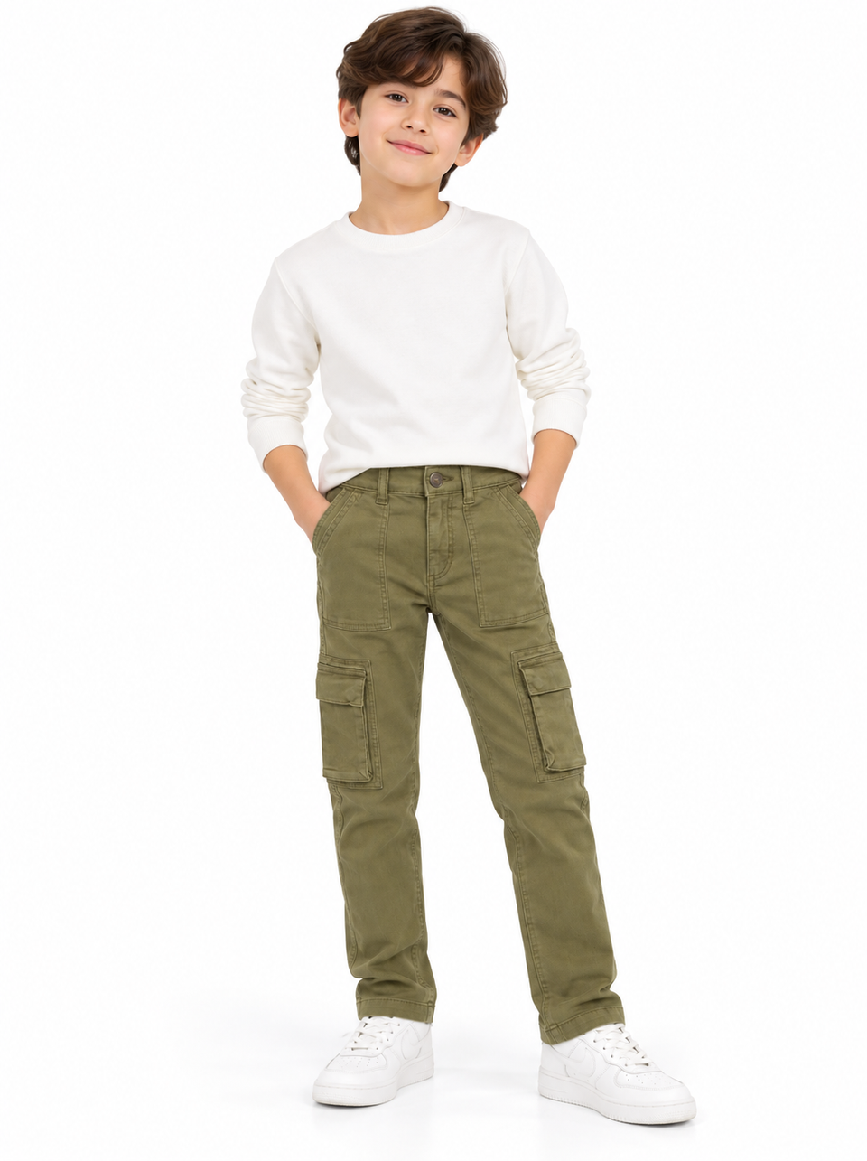 Boys Olive Green Stretch Twill Utility Cargo Pants| SM GARMENTS
