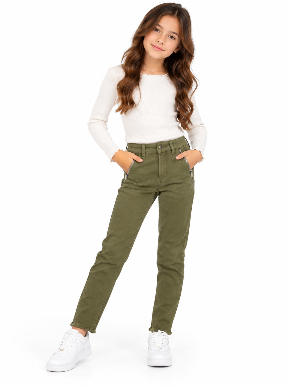 Girls BRANDED Olive Green Zipper Accent Skinny Stretch Denim Pants with Raw Hems| SM GARMENTS