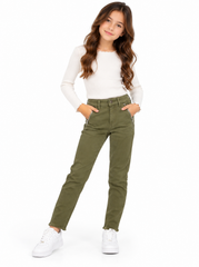 Girls BRANDED Olive Green Zipper Accent Skinny Stretch Denim Pants with Raw Hems| SM GARMENTS