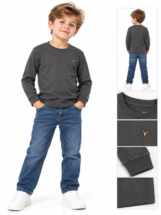 Boys' Casual Cotton-Blend Long-Sleeve T-Shirt with Chest Embroidery – Dark Gray