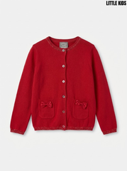 Littlekids Girls Red Bow-Pocket Knit Cardigan Sweater| SM GARMENTS