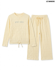 Lc Waikiki Girls Pastel Yellow good vibes Smocked 2-Piece Pyjama Set