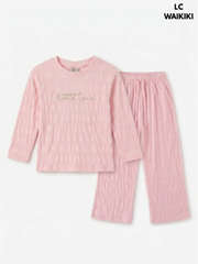 Lcwaikiki Girls' Light Pink Textured Smocked 2-Piece Pyjama Set