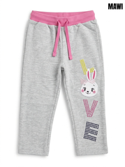 Girls' Light Grey Heather Bunny Joggers – Cute "LOVE" Graphic Sweatpants with Pink Waistband & Drawstring