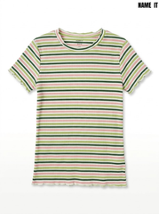 Girls' Green & Pink Striped Ribbed Knit Short-Sleeve Lettuce-Hem T-Shirt