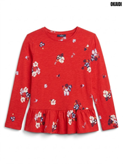 Okaidi Girls Vibrant Red All-Over Floral Peplum Long-Sleeve Knit Top | SM GARMENTS
