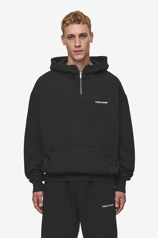 PEGADOR Mens Logo Oversized Halfzip Hoodie Washed Black