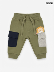 Boys Olive Green Cargo Joggers with Cute Lion Print and Contrast Pockets