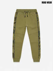 Boys' Olive Green Camo Side-Striped Joggers with Drawstring Waist