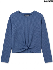 Road wear Girls Steel Blue Ribbed Knit Front-Knot Long-Sleeve Top| SM GARMENTS
