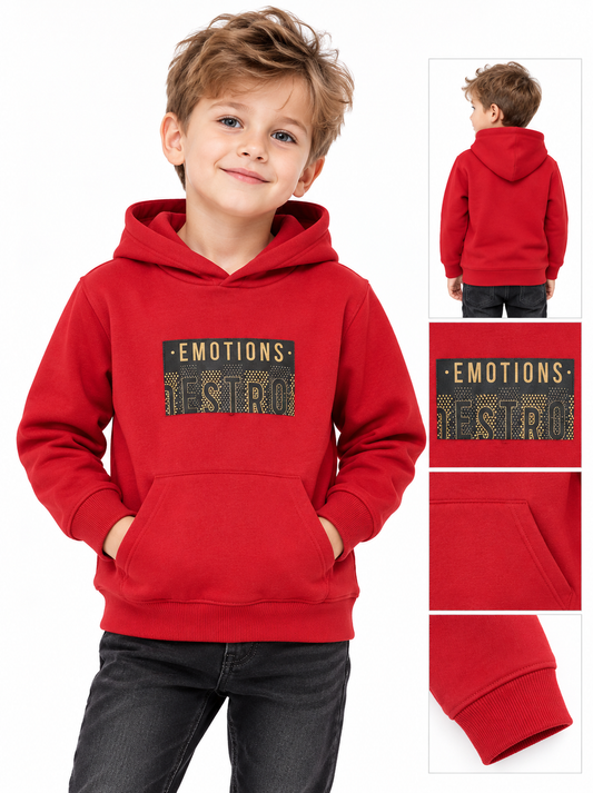 Boys Red "Emotions" Graphic Pullover Hoodie with Front Kangaroo Pocket