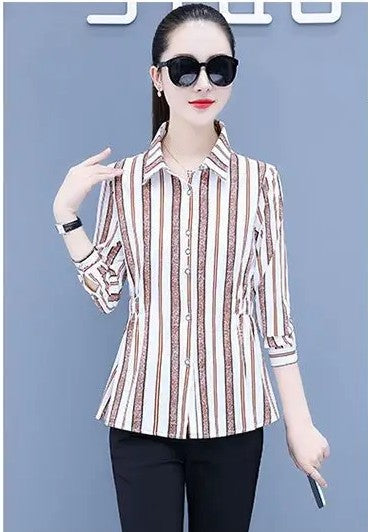 Womens Striped Long Sleeve Button Slim Tops 