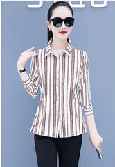 Womens Striped Long Sleeve Button Slim Tops 