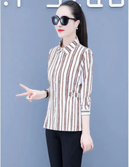 Womens Striped Long Sleeve Button Slim Tops 
