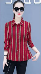 Womens Striped Long Sleeve Button Slim Tops