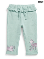 Girls’ Mint Green Woodland Deer Jogger Pants – Soft Ruffle Waistband Sweatpants with Drawstring
