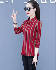 Womens Striped Long Sleeve Button Slim Tops