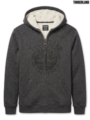 Timberland Boys Dark Charcoal Heather Sherpa-Lined Full-Zip Fleece Hoodie with Embossed Graphic| SM GARMENTS