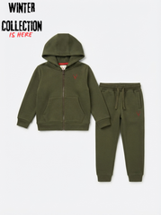 Kids' Olive Green Zip-Up Hoodie & Jogger Tracksuit Set
