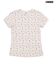 Lc waikikiGirls Off-White Flamingo All-Over Print Ribbed Ruffle Sleeve T-Shirt