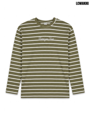 Lcwaikiki Girls Olive Green Striped Protect Your Heart Long-Sleeve Ribbed T-Shirt