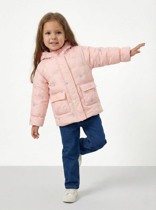 XGZZX GIRLS PRINTED DOUBLE POCKET PUFFER JACKET