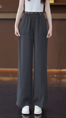 Womens Elastic Waist Wide Leg Grey Versatile Trouser