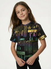 M&S Girls Iridescent Newspaper Print Crewneck T Shirt