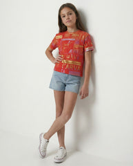M&S Girls Gold Foil Print Graphic Red Crew Neck T Shirt