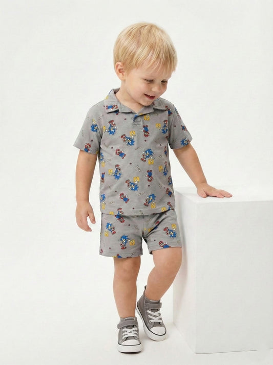 RESERVED Boys Super Mario & Sonic Print Polo & Shorts Set