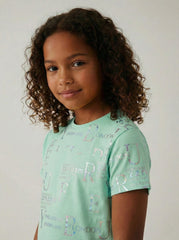 M&S Girls Shimmering Metallic Print Crew Neck Mint Green T Shirt